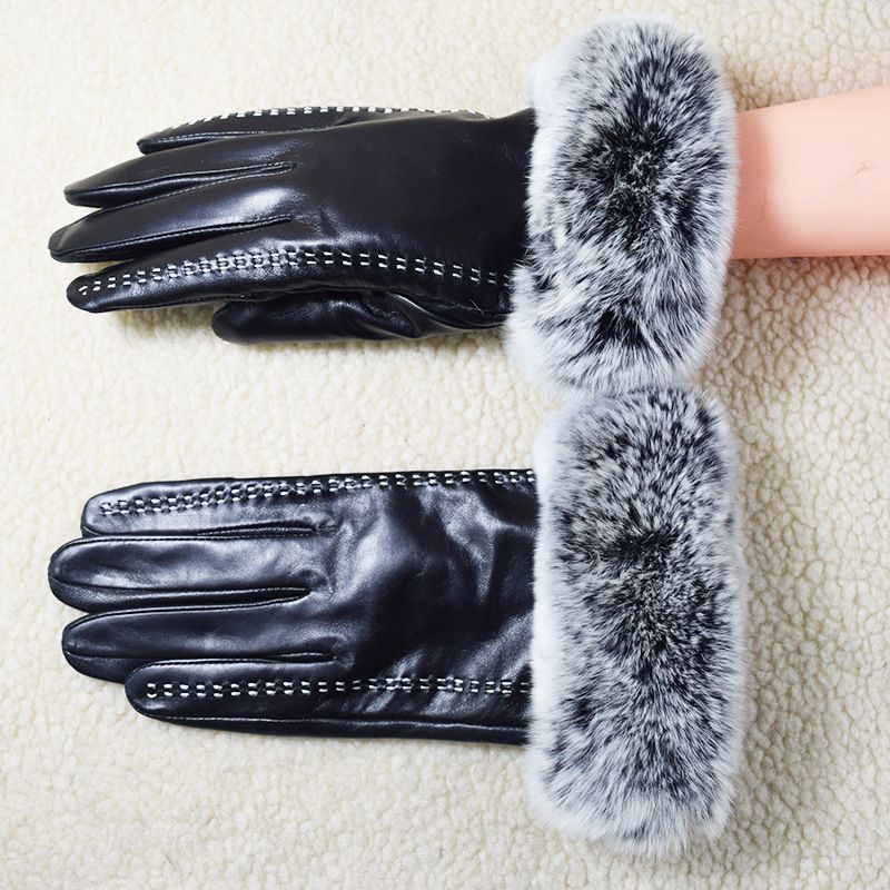 Hebei Genuine Leather For Women Winter Fleece-Lined Fingerless Touchscreen Rabbit Fur Double-Line Handmade Sheepskin_voghion.com