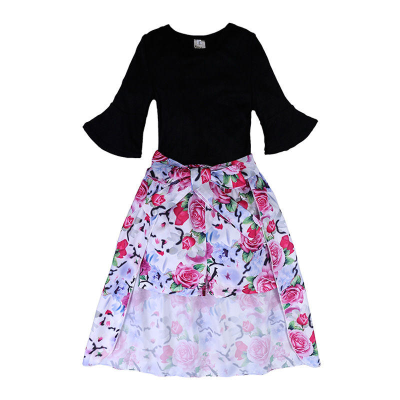 Mother&Kids Set per bambini e bambine con top a maniche svasate + pantaloncini floreali + abito estivo con gonna a coda di rondine_voghion.com