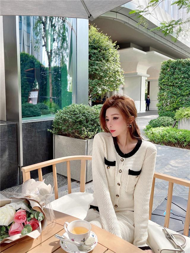 Leichter Luxus für Damen, faules Temperament, kleiner Duftanzug, hochwertige Strickjacke, zweiteiliges Set mit hoch taillierten Hosen mit weitem Bein_voghion.com