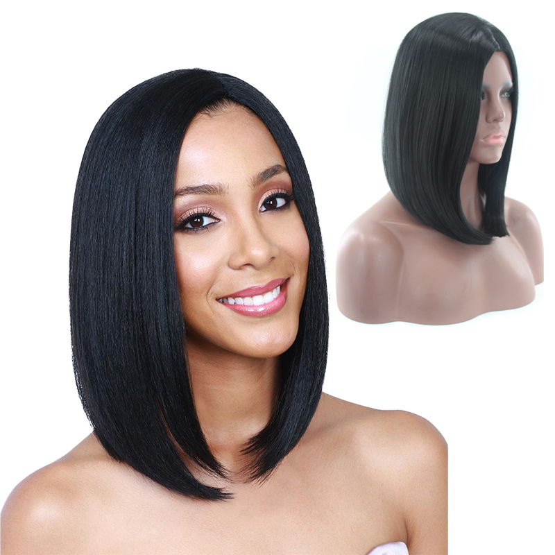 Parrucca sintetica taglio centrale senza frangia nera Side Bang da donna capelli corti lisci con testa ondulata_voghion.com