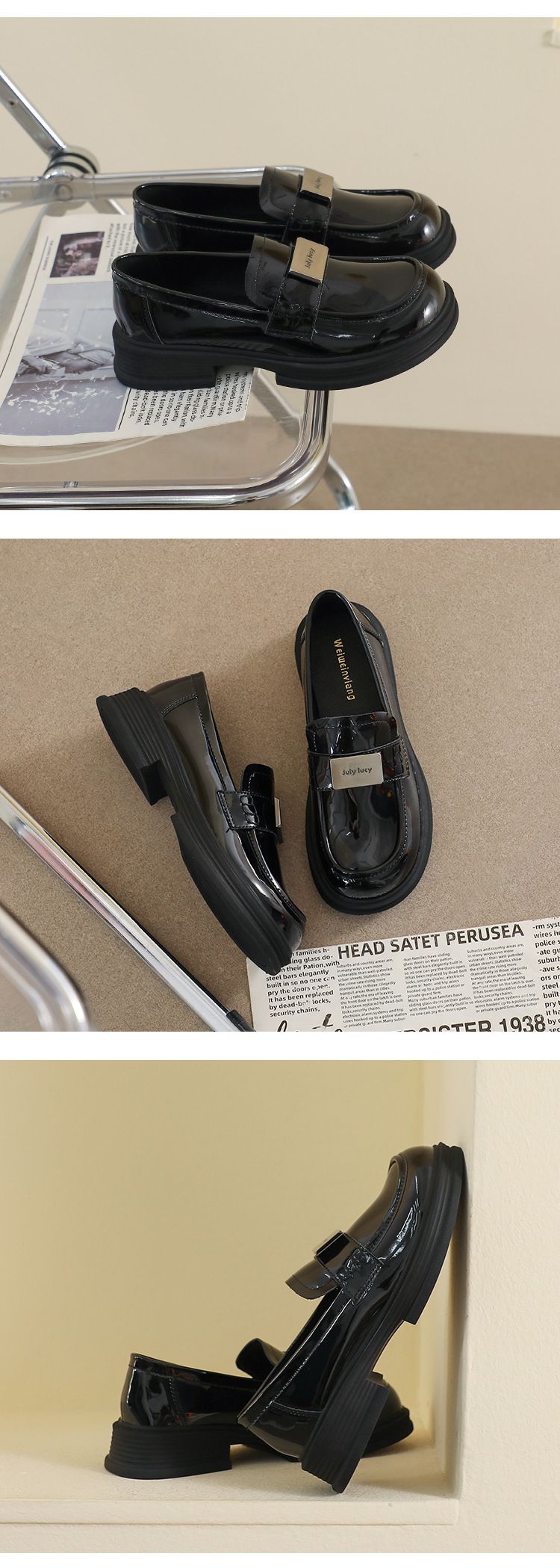 Schwarze kleine Lederschuhe Damen Retro New College Style Loafers Weiche Sohlen Einzelschuhe Damen_voghion.com