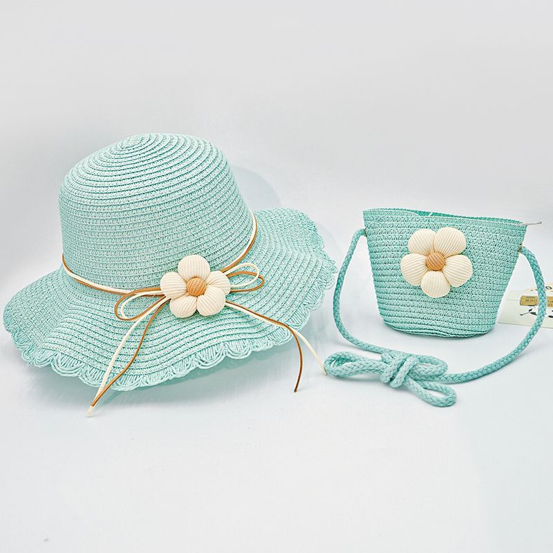 Nuovi arrivi 1 pz. Borsa estiva in paglia con pizzo ondulato per bambini, set da due pezzi, elegante e carino, cappello da sole con protezione a forma di fiore_voghion.com