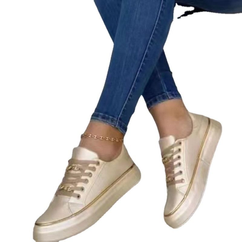 Large 23 Thick Sole Chain Sports Style Low Top For Women's Leather Front Lace Up Casual Single Shoe_voghion.com