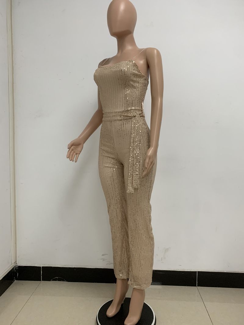 Dametøj Ærmeløs pailletterbæltejumpsuit ensfarvet tubetop rygløs jumpsuit_voghion.com