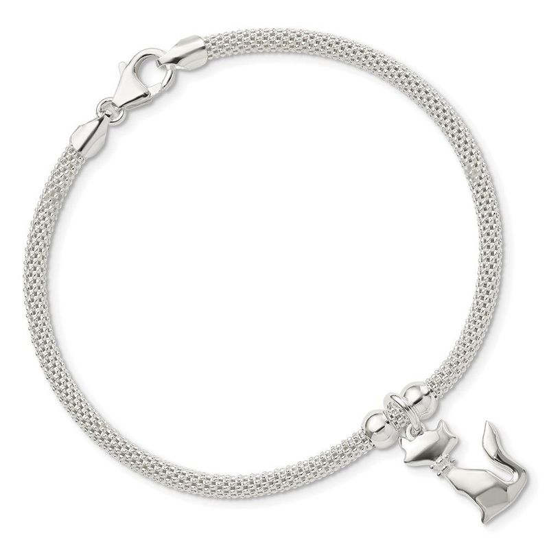 Sterling Silver Polished CZ Cat Charm Bracelet_voghion.com