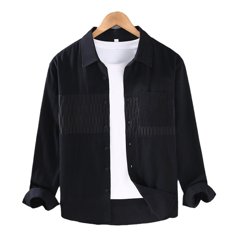 Toppa a contrasto in tessuto twill 2024, camicia a maniche lunghe artistica e casual, camicia con risvolto da uomo, giacca ampia e alla moda, da uomo_voghion.com