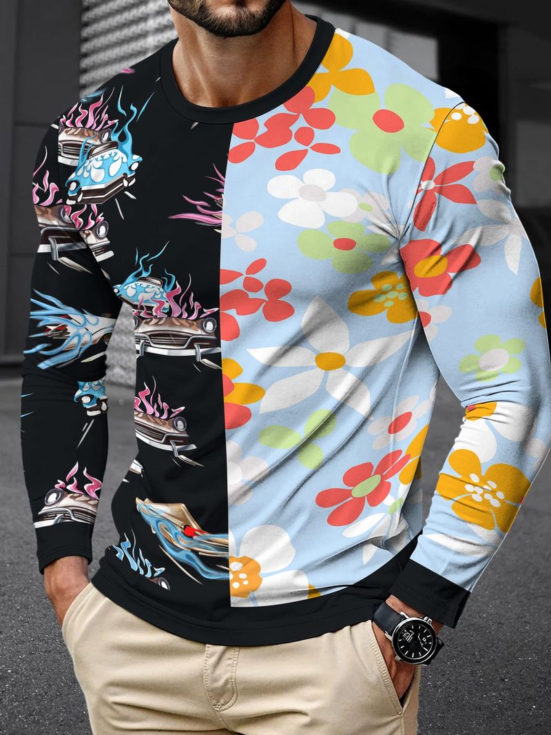 Contrasting Design T Shirts For Men Fashion Handsome Casual 3D Print T Shirt Spring And Summer Long Sleeve Comfortable Loose Fit_voghion.com