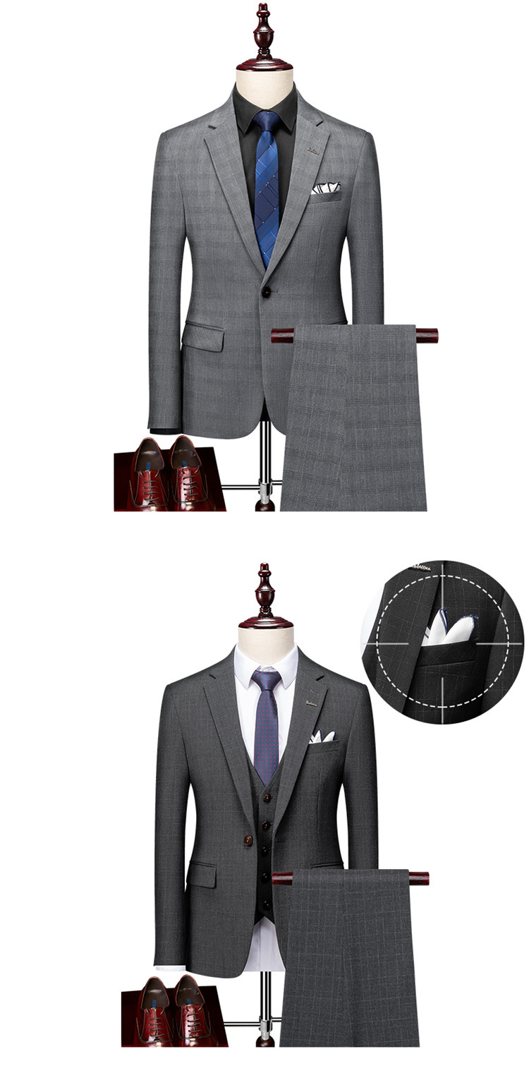 Terno masculino xadrez slim fit de 3 peças - Conjunto de blazer, colete e calça para banquete de negócios e casamento (azul-marinho/cinza/preto)_voghion.com
