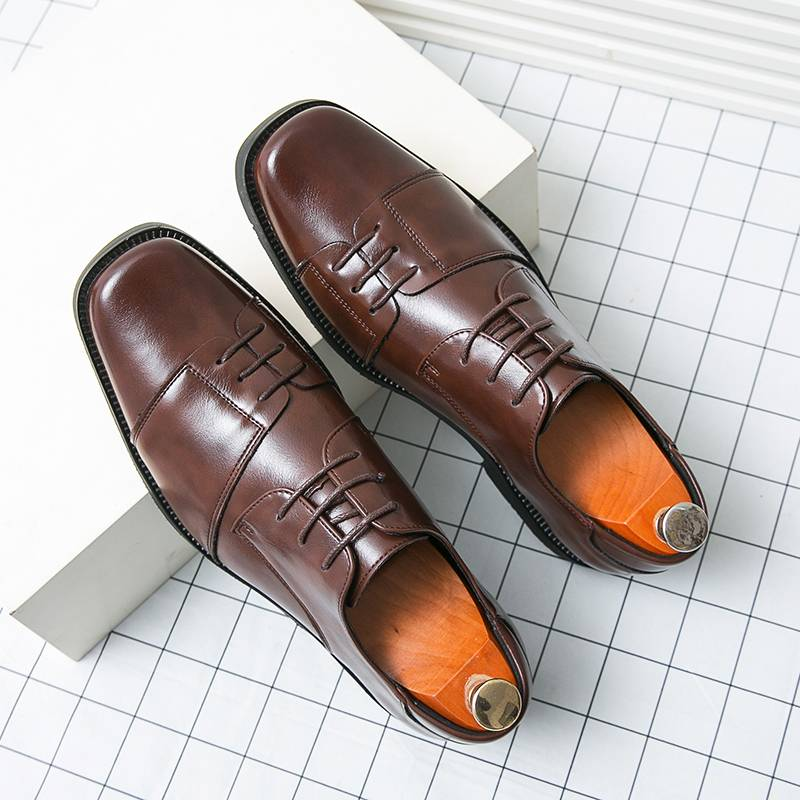 Men's Shoes Fashion Square Toe Men's New Black Business Formal Wear Derby Shoes Lace-up Genuine Leather British Brown Banquet Dress Wedding Leather Sh_voghion.com