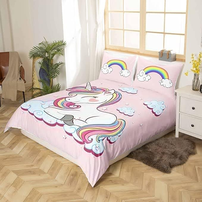 Einhorn-Bettwäsche, Fantasie-Einhorn-Bettwäsche-Set für Kinder und Mädchen, magische Tier-Bettbezug, Fee-Cartoon-Bettwäsche_voghion.com