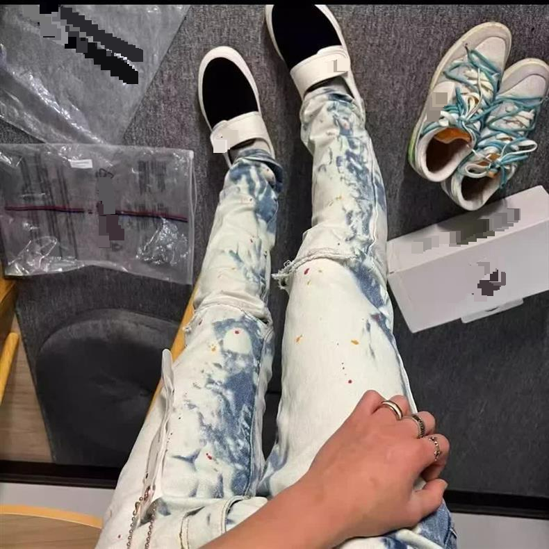 Ink Splashed Jeans For Men, New Trendy Brand, Ripped, Light Luxury, Elastic, Fashionable, Slim Fitting, Slim Fitting, Versatile Trousers_voghion.com