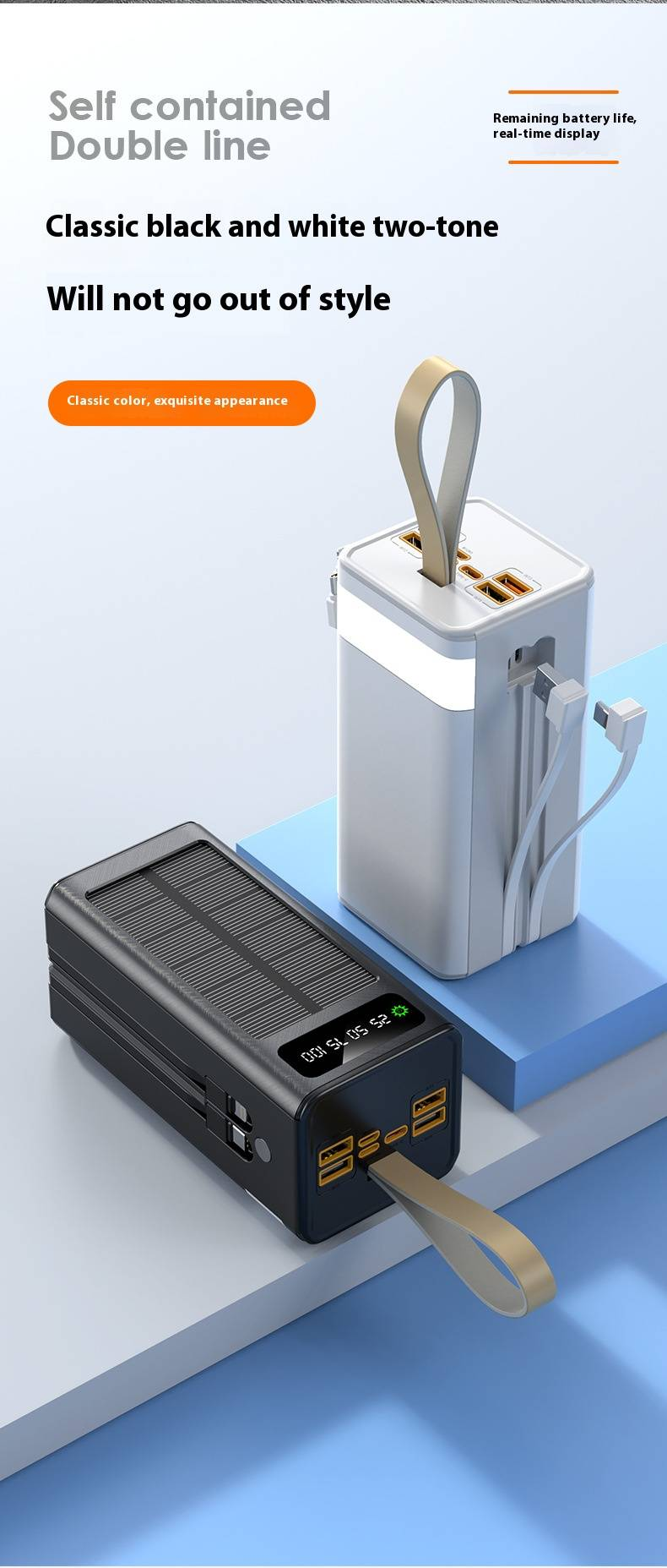 22,5 W PD-Schnelllade-Powerbank 50000 mAh mit Solarpanel und integrierten Kabeln, tragbares Outdoor-Ladegerät für Camping, Wandern, Reisen_voghion.com