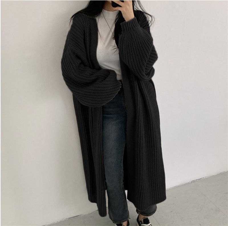 Cardigan en tricot oversize à col en V pour femme, pull ouvert à manches longues, style décontracté coréen (gris, noir, beige, taille unique)_voghion.com