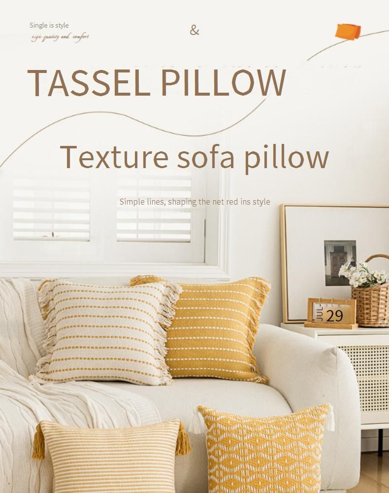 Fodera per cuscino con nappa bohémien - Cuscino decorativo a righe in cotone per divano, letto, auto (30x50 cm/45x45 cm, senza imbottitura)_voghion.com