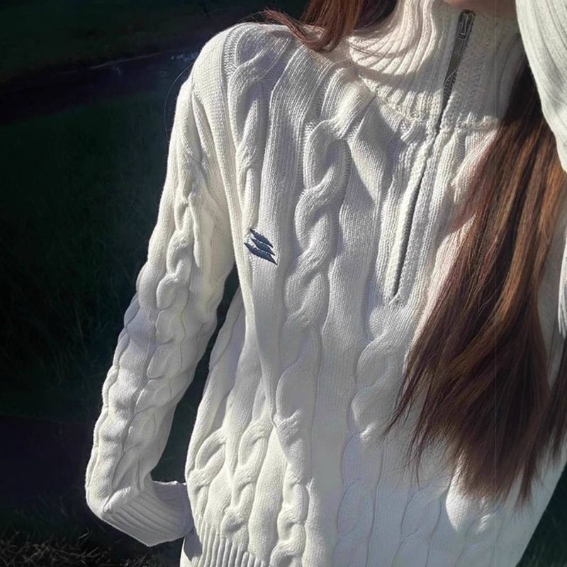 Trendy Half-Zip Knit Sweater For Women – Soft & Stylish Cable Pullover | Breathable Spandex Blend, Polo Collar, Relaxed Fit (White)_voghion.com