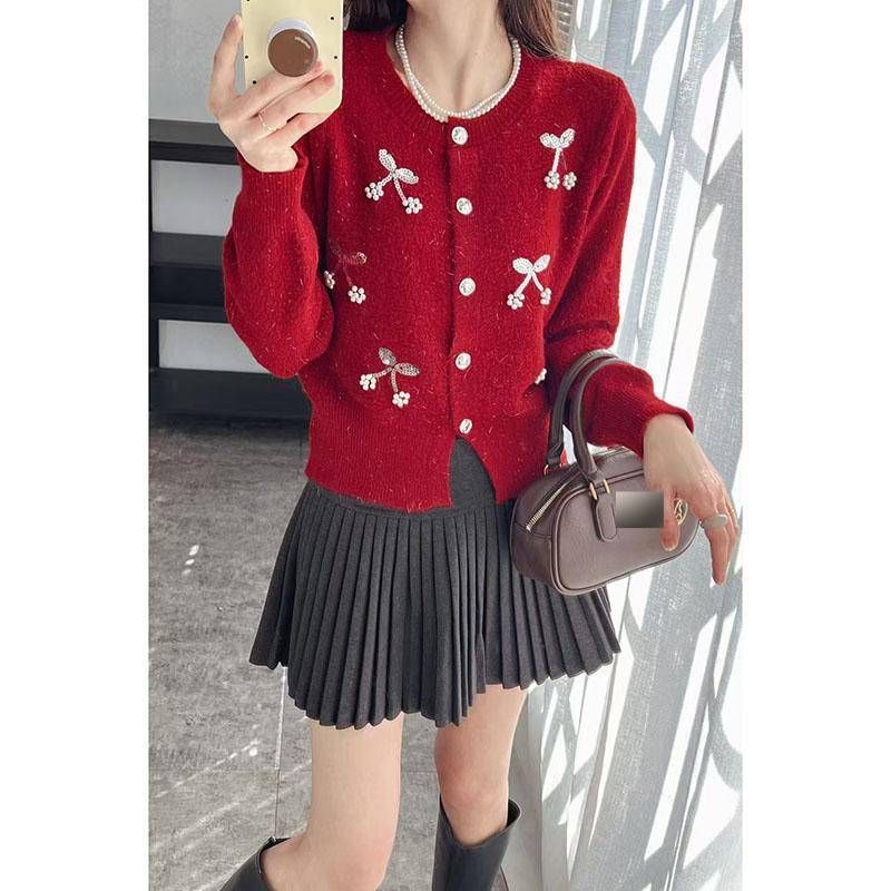 Glitter Cherry Embellished Cardigan – Cozy Oversized Knit Sweater With Pearl Buttons_voghion.com