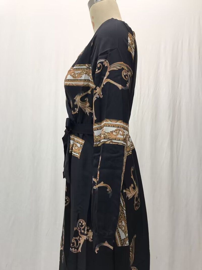 2025 Summer New Women's Palace Style Printed Sleeve Split Waist Long Dress_voghion.com