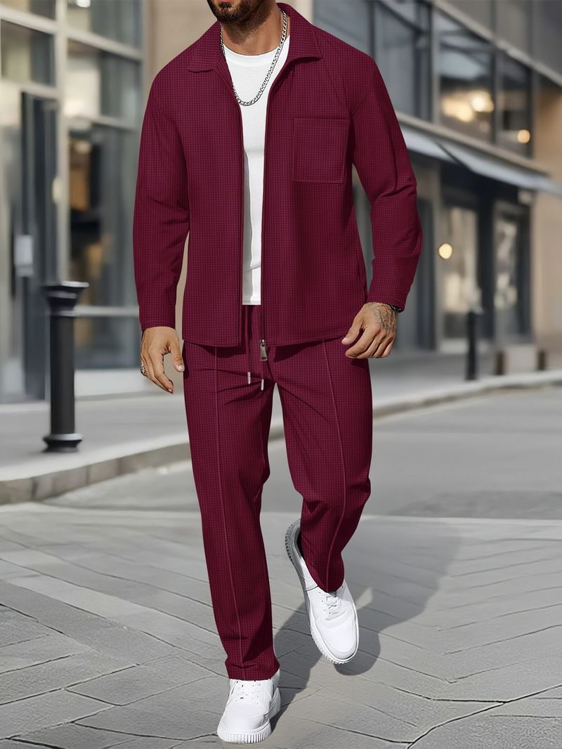 "Men's Waffle-Knit Zip-Up Jacket Set - Slim Fit Polyester Track Suit With Stand Collar & Side Pockets (White/Black/Grey/Burgundy/Khaki/Dark Green_voghion.com