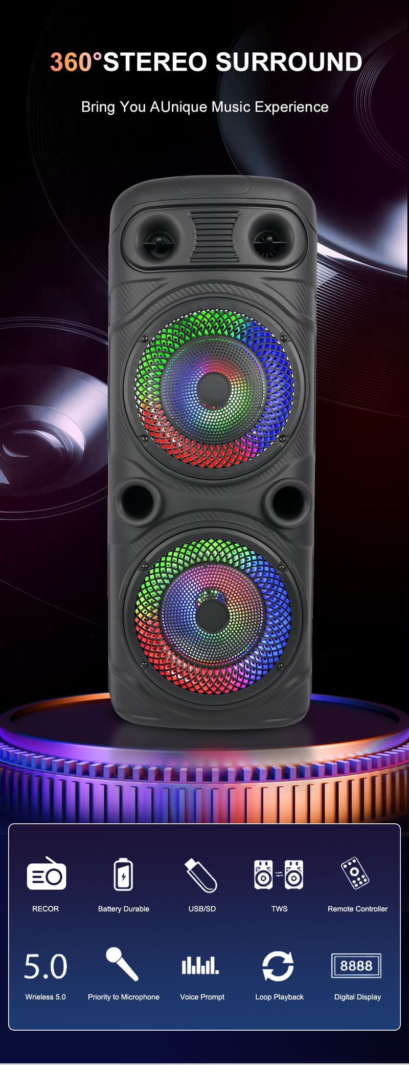 Sing-e ZQS8227S Çift 8 inç yüksek güçlü Bluetooth hoparlör RGB ışık açık kare dans KTV ses_voghion.com