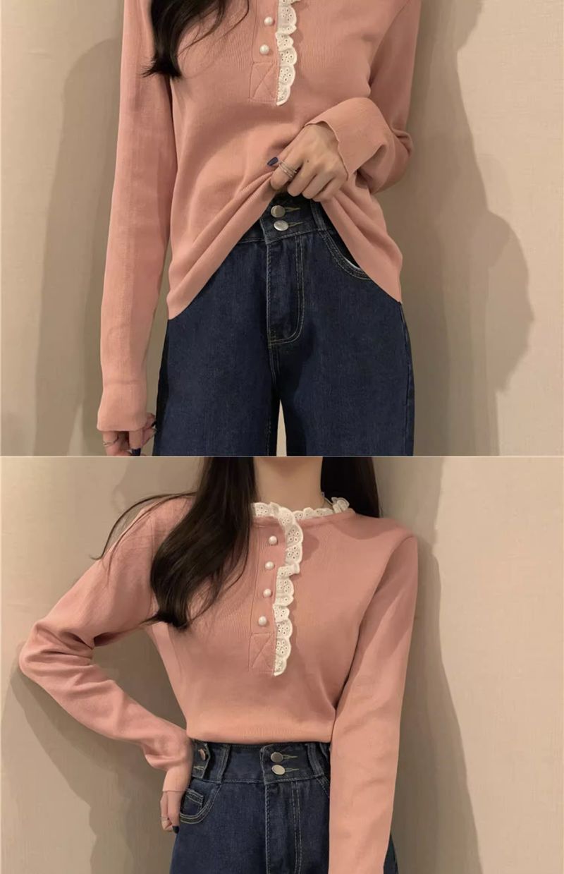 Dolce maglione in stile western con design unico, maglia a maniche lunghe con base in albicocca e pizzo con orecchie di legno, autunno e inverno_voghion.com