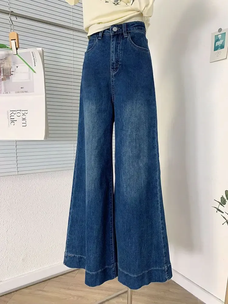 Retro Blue Versatile Wide Leg Jeans Elastic High Waist Design Women's Draping Pants Slimming Effect Made In China_voghion.com