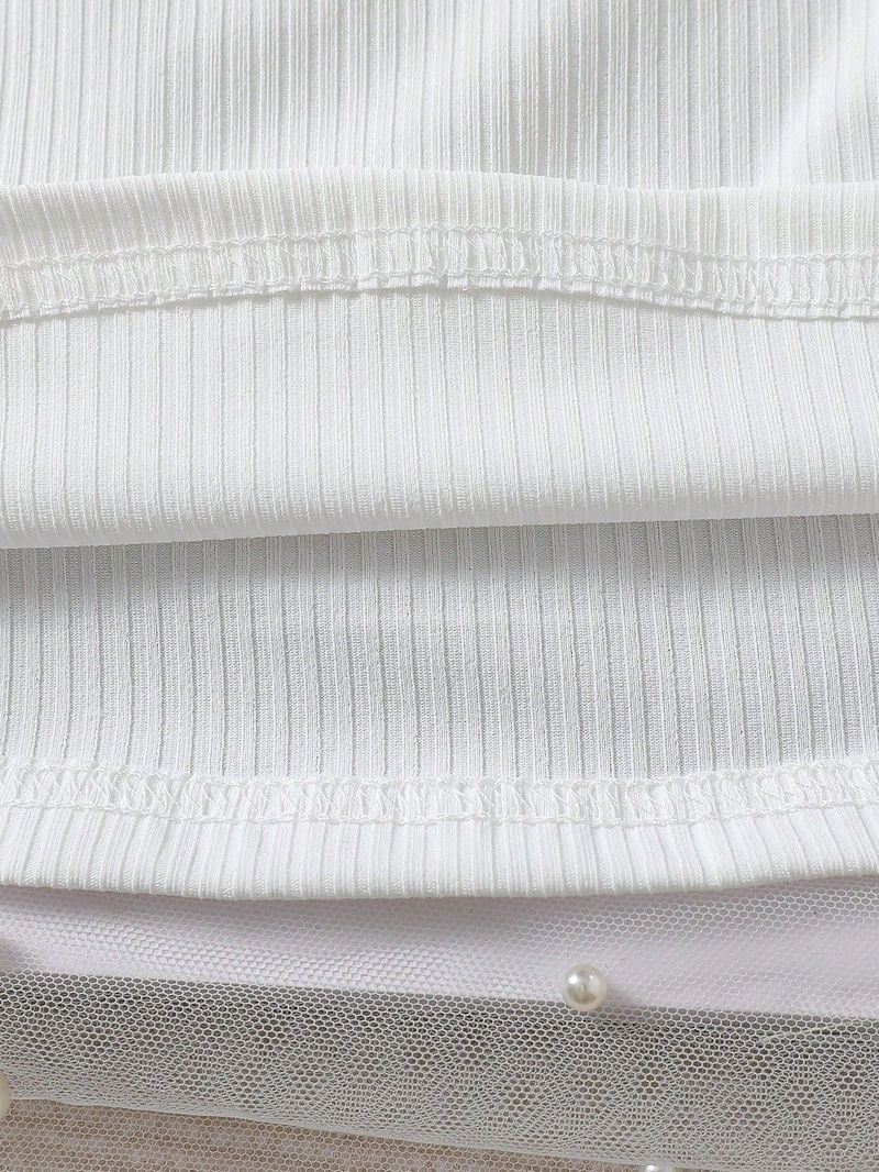 Completo top in maglia con maniche a palloncino e gonna in pelle con fiocco di perle per bambine - Completo casual chic per bambine (4-7 anni)_voghion.com