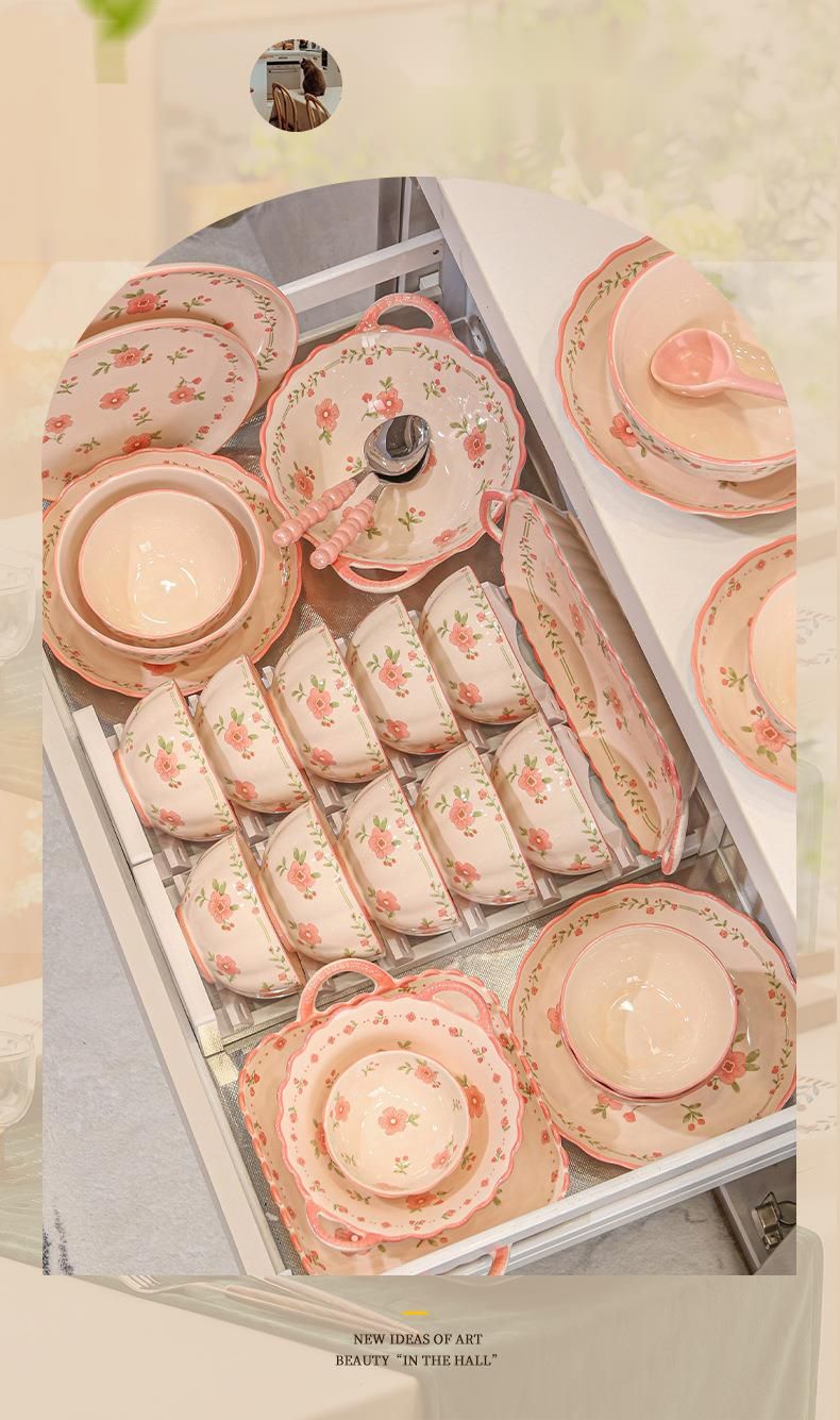 Romantic Pink High-Value Bowl Plate Set Home Use, Beautiful For Girls, Dining Bowls And Plates, Ceramic Underglaze Color_voghion.com