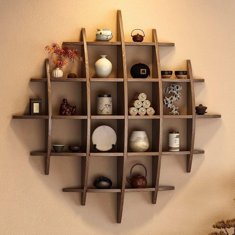 Solid Wood Storage Rack For Living Room, Cup Teapot And Tea Set Rack, Wall-Mounted Chinese Style Multi-Treasure Cabinet_voghion.com