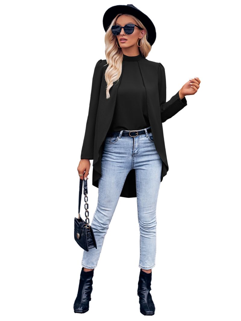 Abbigliamento da donna, camicia in due pezzi finta a maniche lunghe, tinta unita, collo semi-alto, casual, da donna_voghion.com
