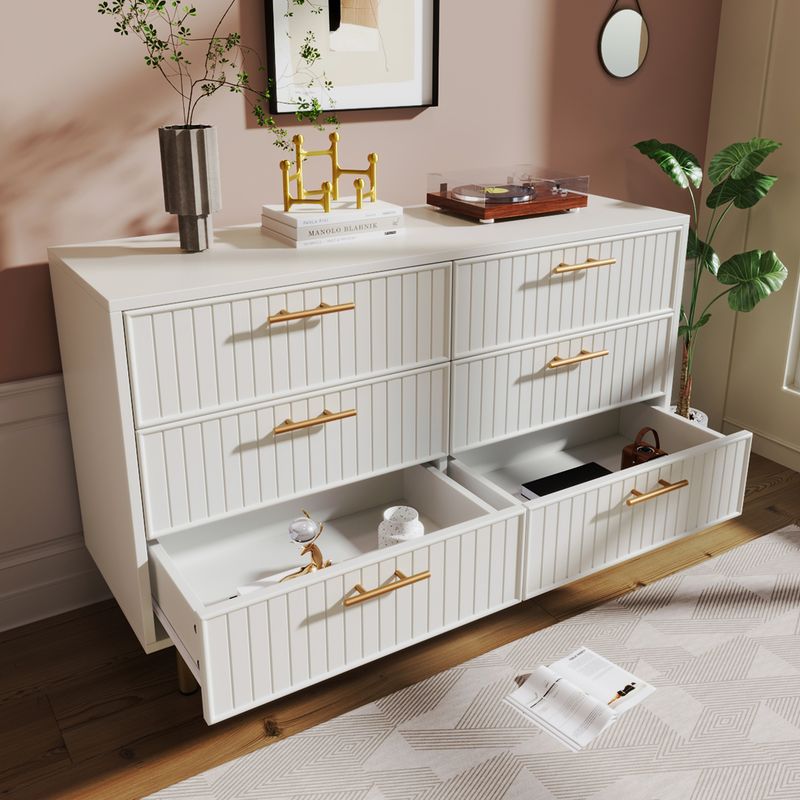 Commode 6 tiroirs, meuble haut blanc pour chambre et salon, 75 x 120 x 40 cm_voghion.com