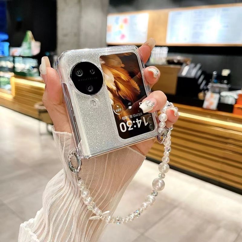 For Oppo Find N3 Flip ver Cute Glitter Butterfly Crystal Pearl Wrist Chain Strap Phone Case Cover_voghion.com