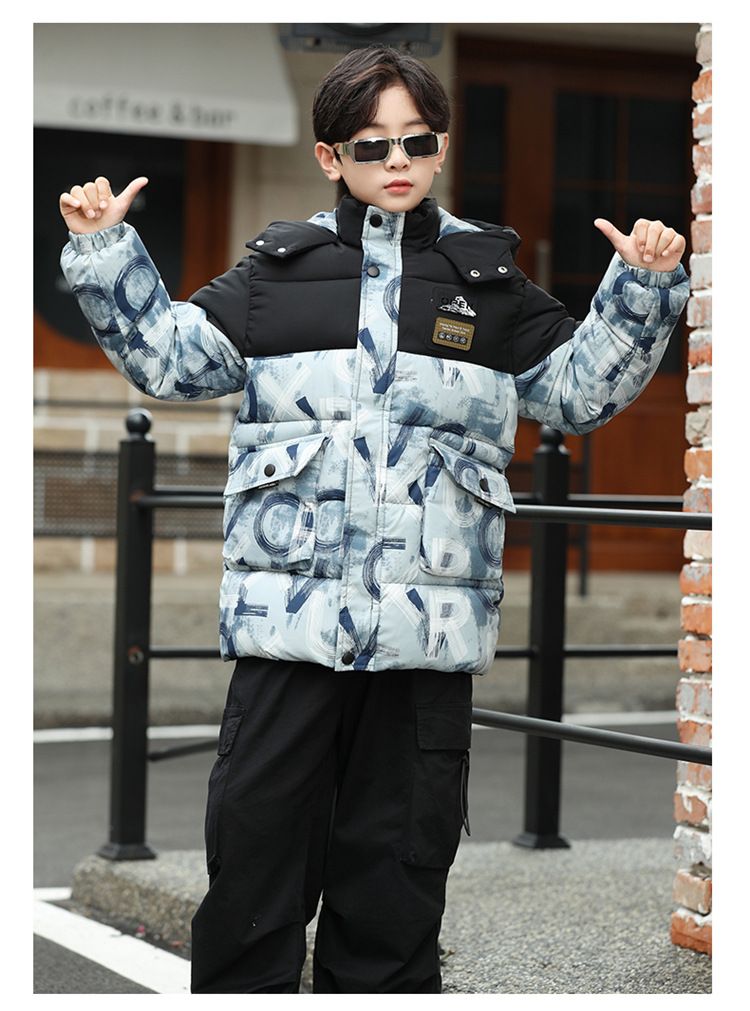 Kinder-Fleece-Futter mit Schneeberg-Print, Winterwärme, Daunen-Baumwoll-gefütterte Jacke, Sportjacke_voghion.com