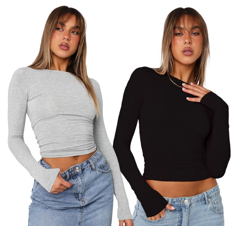 Women's Casual Long Sleeve T-Shirt Set – Slim Fit Round Neck Basic Tee (2-Pack) – Soft Polyester Spandex Blend For Everyday Comfort_voghion.com
