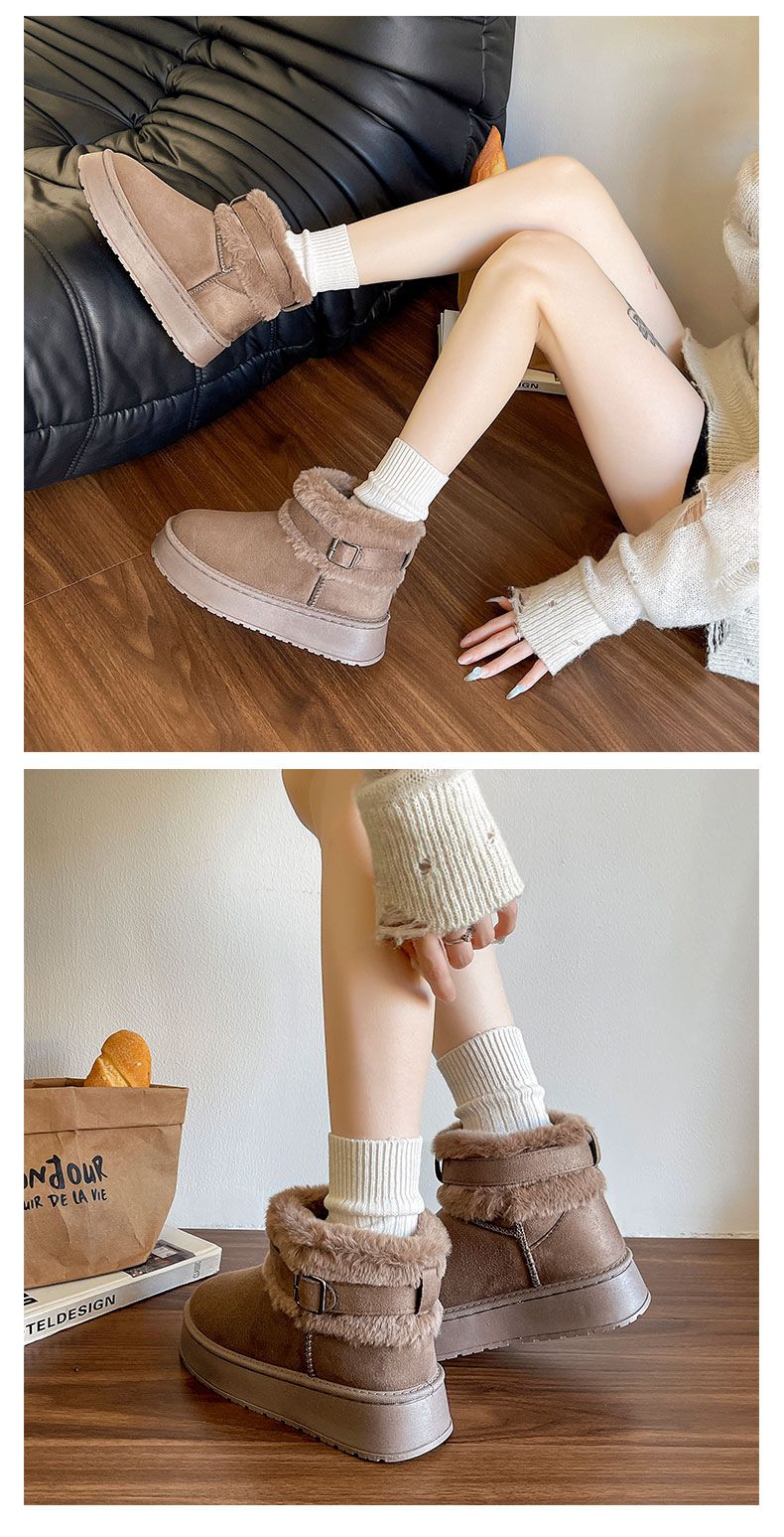 2025 Winter New Large Size Thick-soled Fluffy Cotton Shoes Women's Fleece Thickened Thermal Belt Buckle Casual Snow Boots_voghion.com