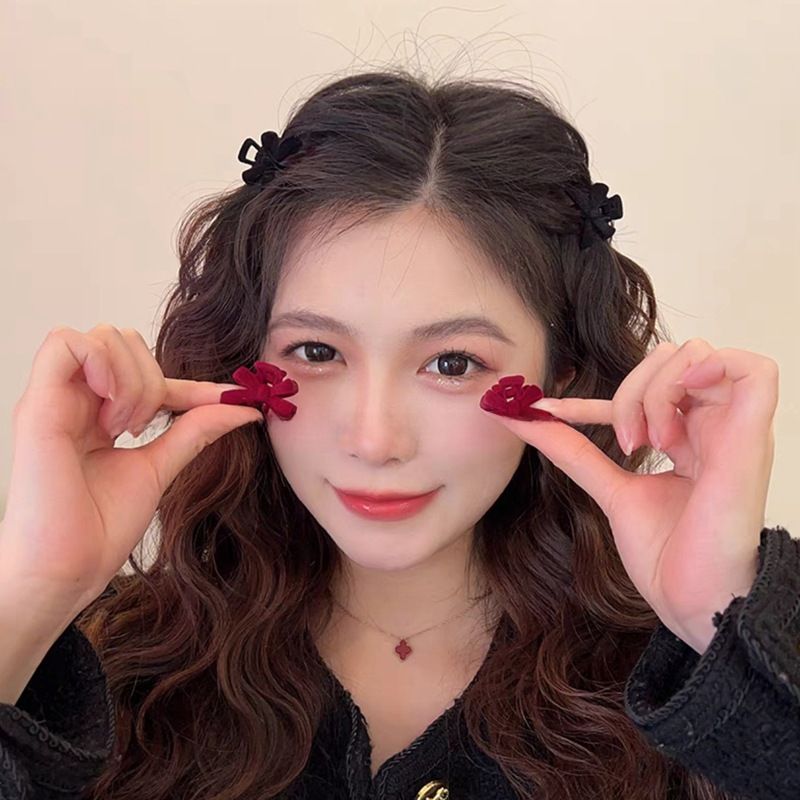 Kleine Schleife ~ Herbst und Winter Beflockung kleiner Clip Netz rot gebrochenes Haar Pony Haarnadel weiblicher Clip Kopfschmuck_voghion.com