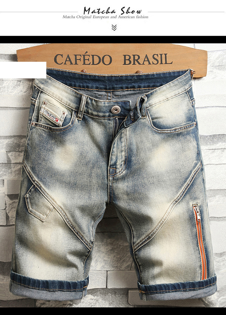 Herrkläder Herrjeanshorts retro blå markvita patchwork stretchiga medium byxor trendiga_voghion.com