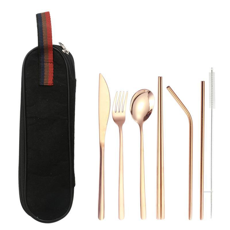 Ensemble de couverts haut de gamme en acier inoxydable 304, 8 pièces, couteau, fourchette, cuillère, baguettes, paille, pour les repas en plein air_voghion.com