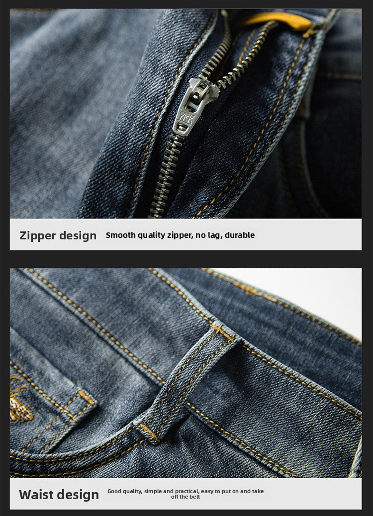 Jeans haut de gamme, produits européens, pantalons pour homme, broderies tendance printemps-été, pantalon slim droit en denim léger et extensible_voghion.com