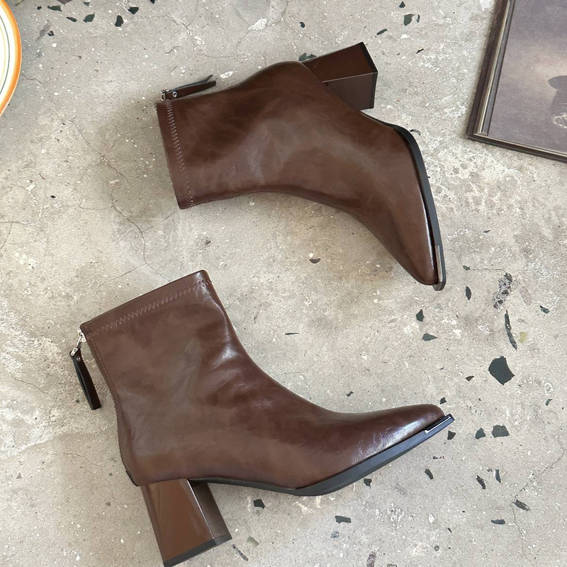 Cameido French Minimalist Pointed Toe Chunky Heel Short Boots_voghion.com