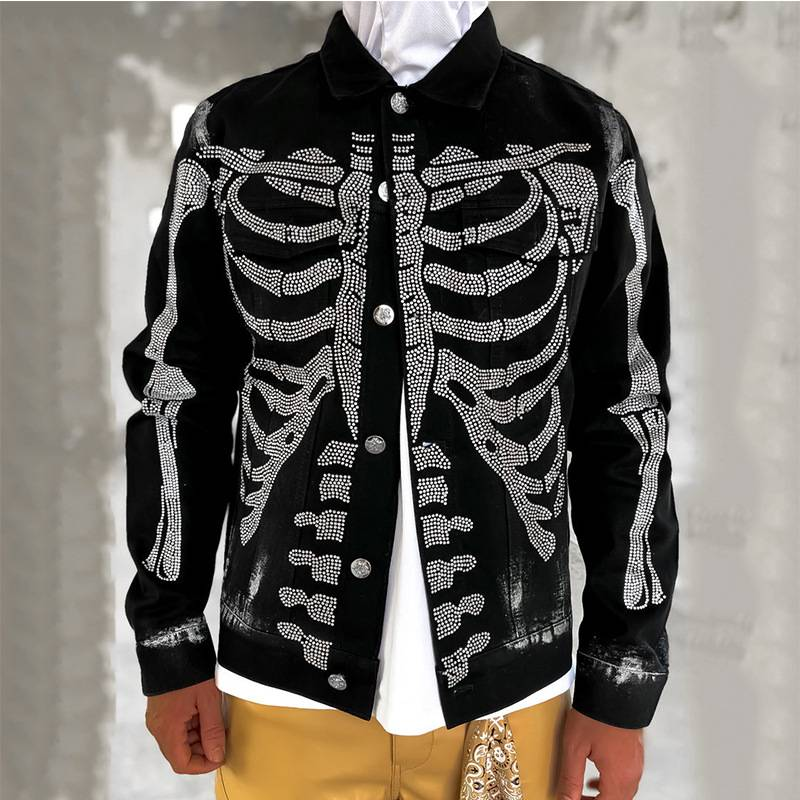Herrenbekleidung Distressed Jeansjacke mit Strassverzierungen, Oversized Streetwear Mantel, Hip Hop Vintage Open Front Shirt für Freizeitkleidung_voghion.com