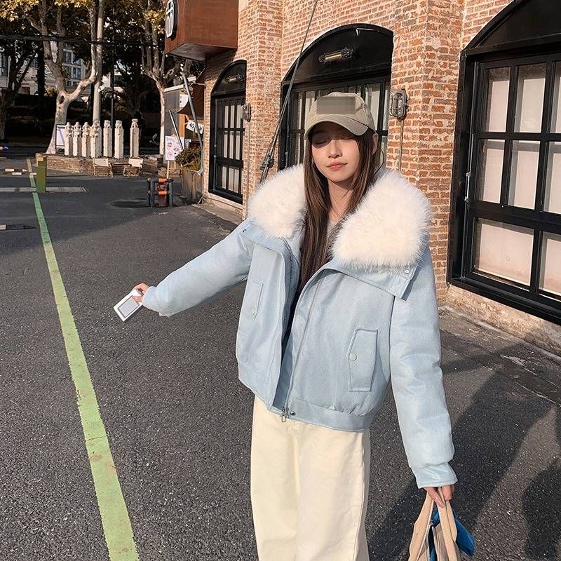 Kurze Pufferjacke aus PU für Damen mit abnehmbarem Kunstpelzkragen – kuscheliger Wintermantel mit Fleecefutter in mehreren Farben_voghion.com
