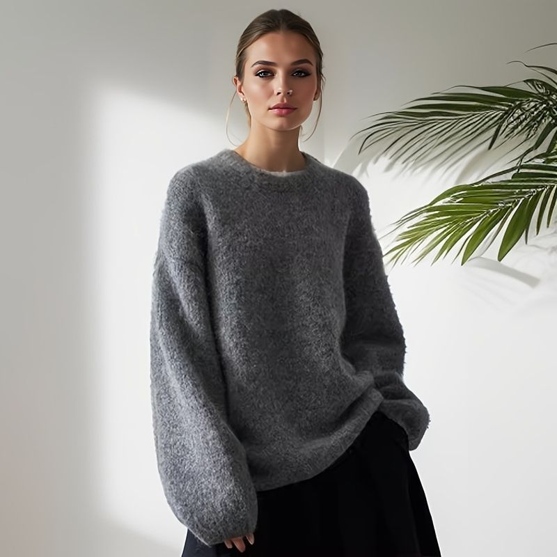 Suéter oversize de mujer, mezcla de mohair – Suéter de cuello redondo de punto grueso (acrílico-poliéster, tallas S-XXL) – Gris/Crema/Azul marino/Camel_voghion.com