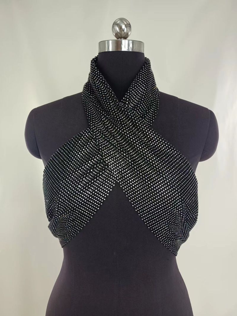 Sexy rhinestone inset diamond cloth hanging neck wrap chest top stitching skirt suit_voghion.com