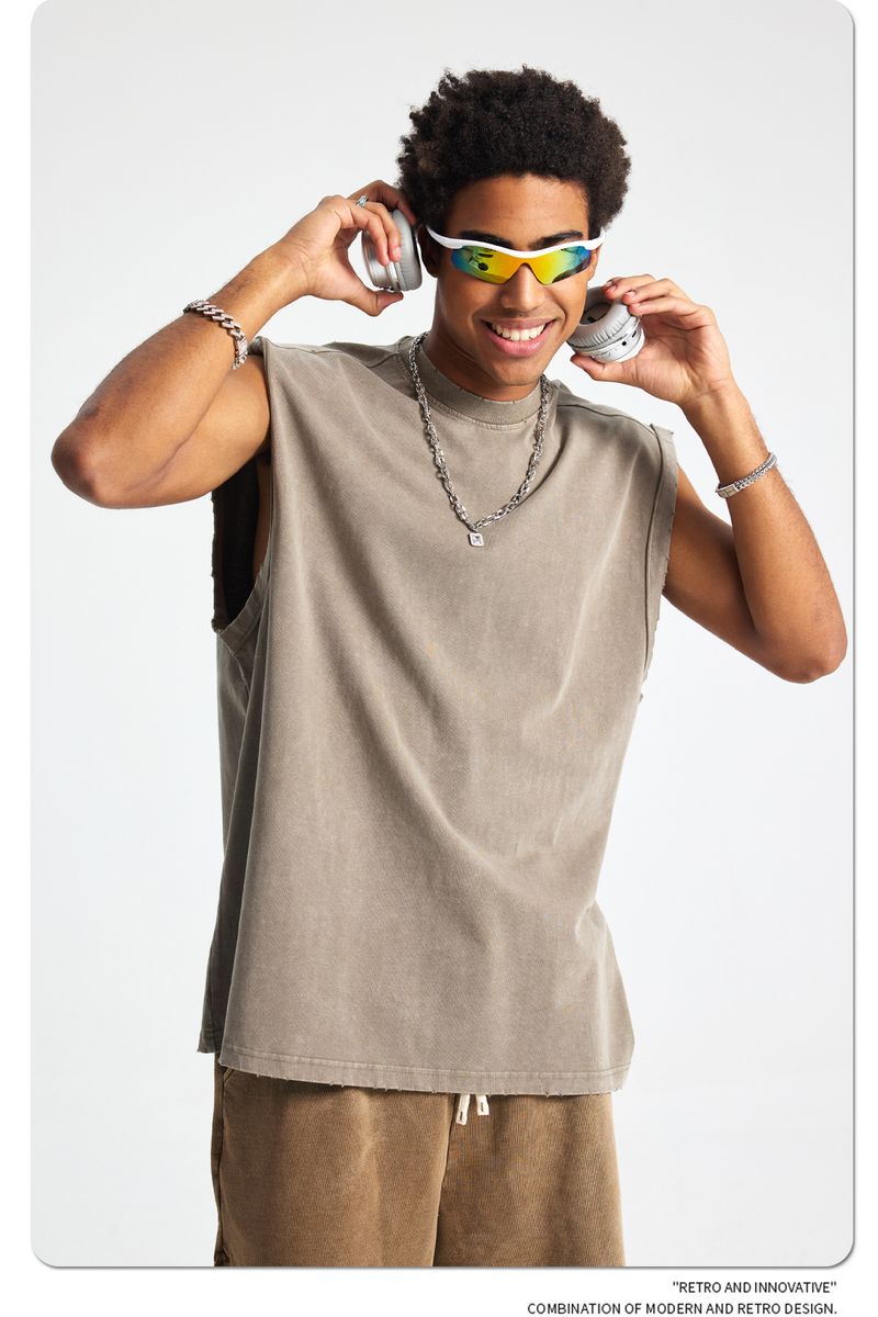 Gilet da uomo con orlo in batik, gilet da uomo con toppa, cuciture, lavaggio in acqua, maglietta retrò senza maniche da uomo_voghion.com