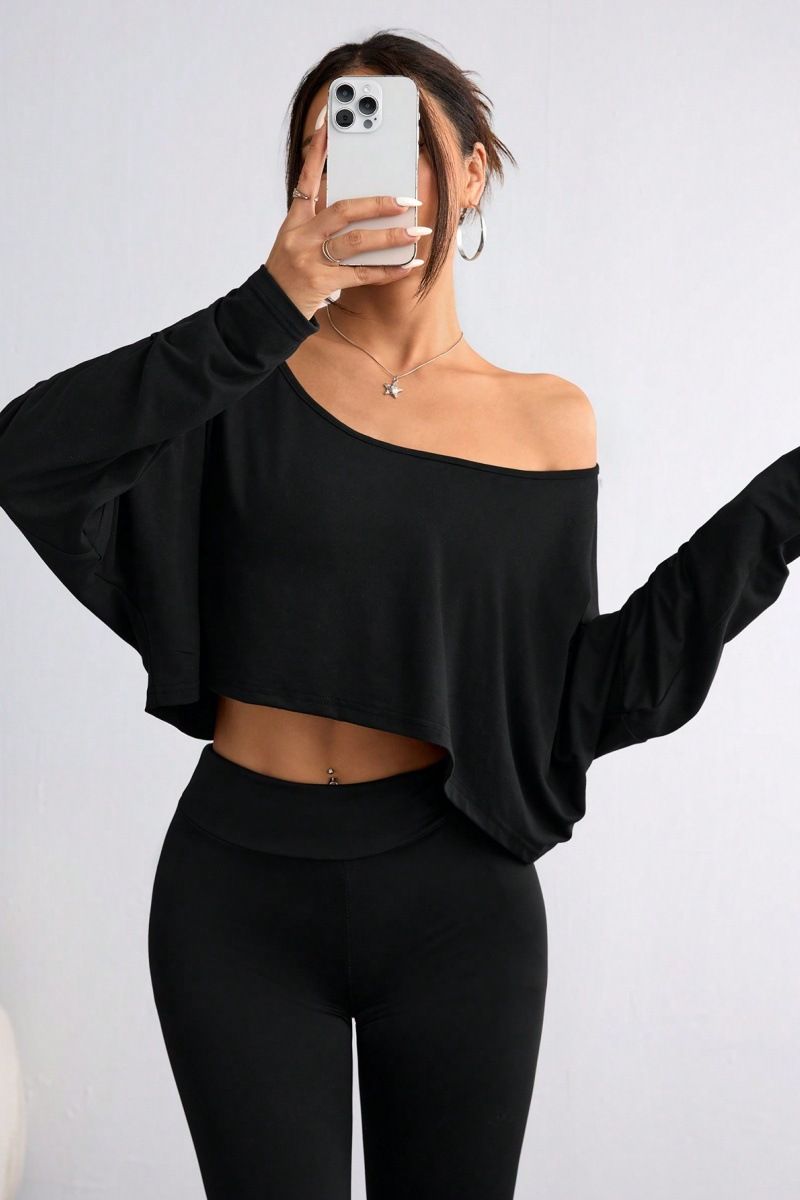 T-shirt à manches longues et col ample pour femme, style décontracté, avec nombril exposé_voghion.com