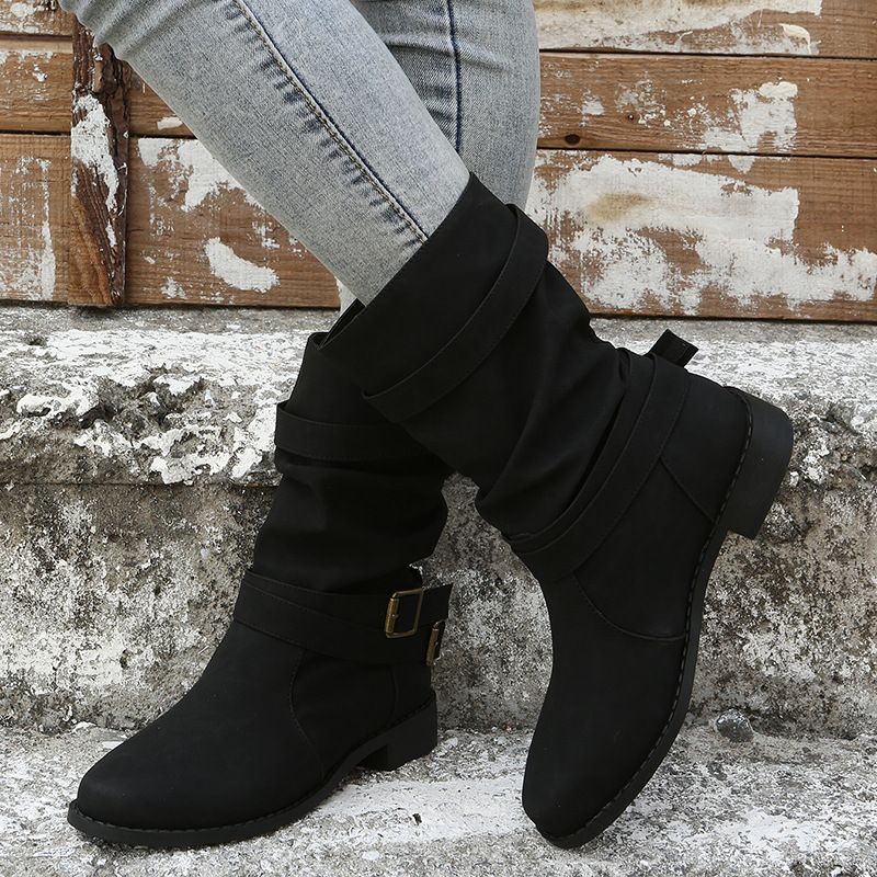 2022 Winter new foreign trade plus size mid-calf boots Women's Round Toe Flat belt buckle Martin boots motorcycle boots in stock_voghion.com