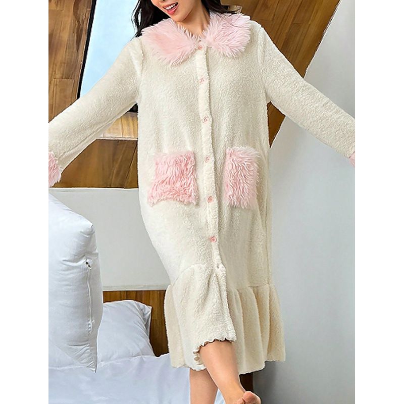 GraceChic GraceChic Camicia da notte in flanella transfrontaliera per donna Inverno Nuovo stile europeo e americano Cardigan con colletto rovesciato Soffice_voghion.com