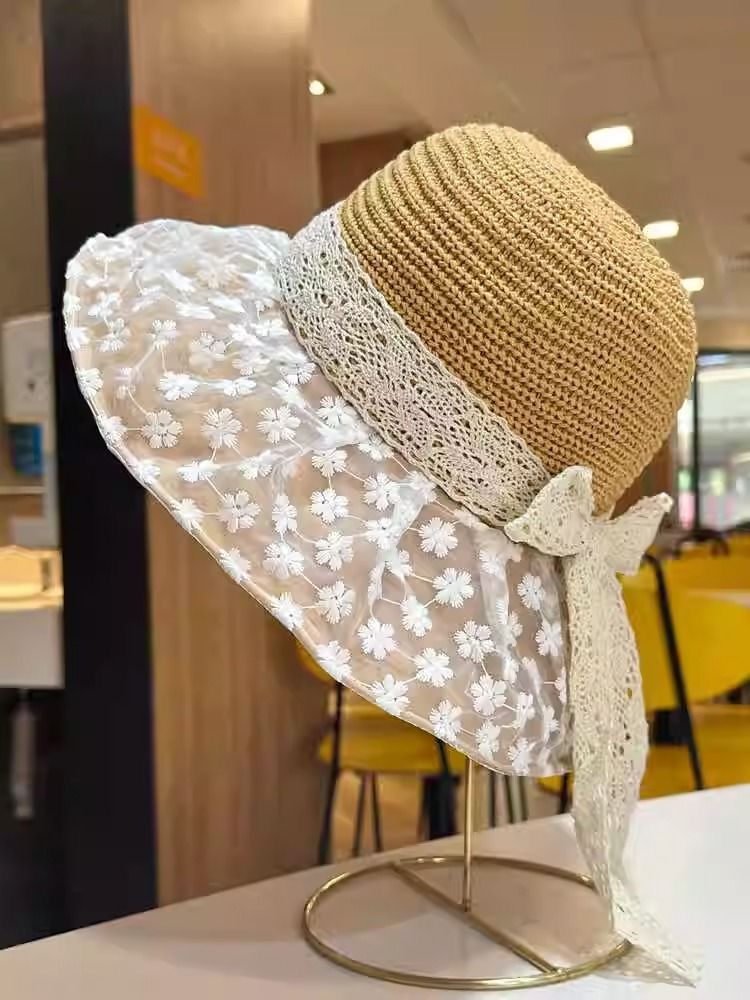 Straw Hat Summer New Hat Sunscreen Bucket Hat Seaside Lace Vacation Bow Beach Visor Sun Hat_voghion.com