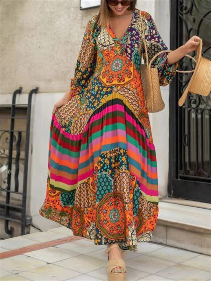 2023 cross-border positioning printed large swing extra long ethnic style dress women's pleated summer new temperament long skirt in stock_voghion.com