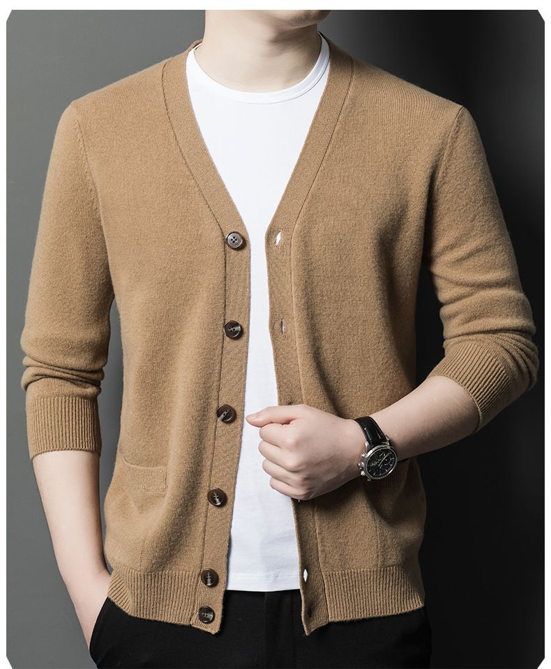 Herbst-Winter-Pullover aus reiner Wolle mit V-Ausschnitt und einfarbigem Farbverlauf für Männer mittleren und älteren Alters, vielseitiger Strickpullover_voghion.com